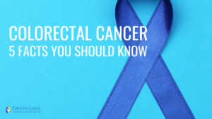 blue background with a blue cancer ribbon and text that reads" Colorectal Cancer - 5 facts you should know"